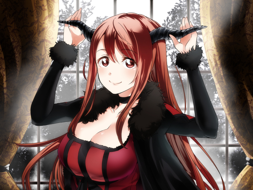 1girl breasts brown_hair cleavage demon_girl fur_trim highres horns large_breasts long_hair looking_at_viewer maou_(maoyuu) maoyuu_maou_yuusha red_eyes sakayama_shinta smile solo