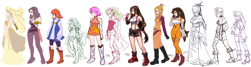 6+girls black_hair blonde_hair bodysuit boots character_name character_request copyright_request elbow_gloves elbow_pads final_fantasy final_fantasy_i final_fantasy_ii final_fantasy_iii final_fantasy_iv final_fantasy_ix final_fantasy_v final_fantasy_vi final_fantasy_vii final_fantasy_viii final_fantasy_x final_fantasy_x-2 final_fantasy_xi fingerless_gloves garnet_til_alexandros_xvii gloves green_hair highres knee_boots lenna_charlotte_tycoon long_hair long_image low-tied_long_hair lulu maria_(ff2) minidress miniskirt multiple_girls paine pink_hair prishe quistis_trepe red_eyes refia rydia sarah_(ff1) short_hair skirt tifa_lockhart tina_branford wide_image zero_hime