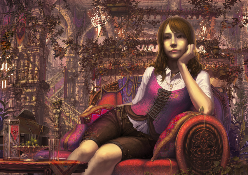 1girl absurdres bike_shorts bowl brown_eyes brown_hair chandelier coach cross-laced_clothes food fruit hand_on_own_cheek highres indoors instrument jewelry leaf necklace original piano pillar pillow reishin_(tenpurasoba) scenery short_hair sitting solo stairs table vines