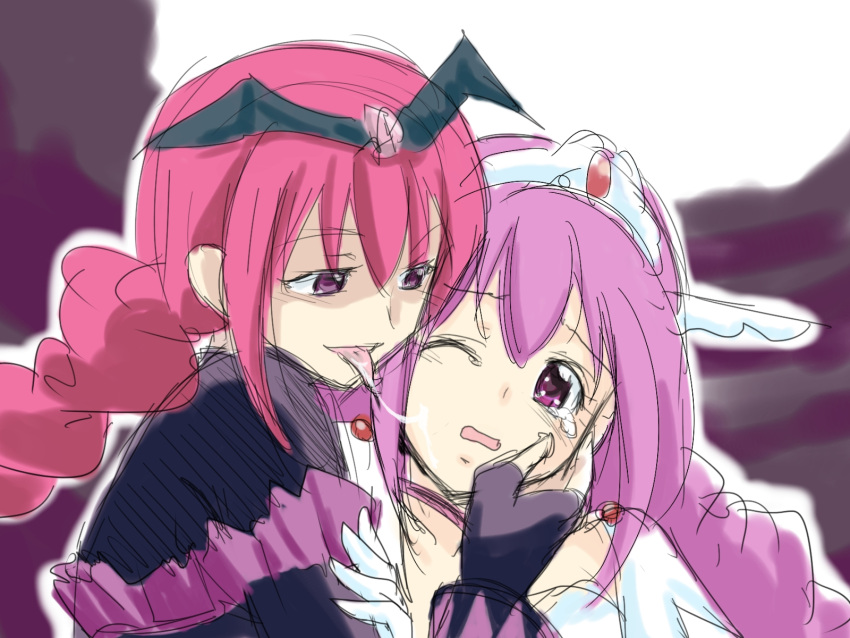 2girls bad_end_happy bad_end_precure bat_wings bodysuit cure_happy dark_persona fingerless_gloves frills gem gloves hand_on_another's_face hand_on_another's_face highres hoshizora_miyuki licking magical_girl multiple_girls open_mouth pink_eyes pink_hair precure sketch smile_precure! suna_nezumi tears tiara tongue tongue_out wings wink