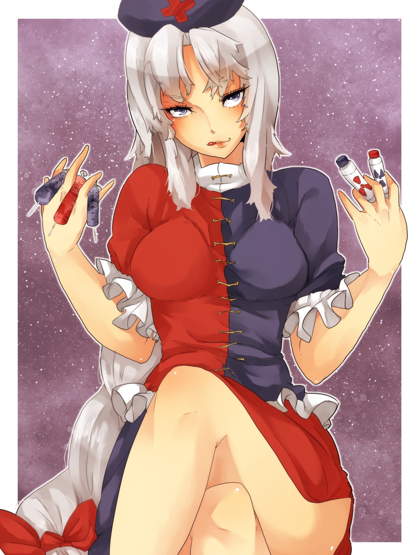 1girl artist_request asymmetrical_clothes between_fingers blush braid breasts capsule crossed_legs frills grey_eyes harachi_mei hat highres large_breasts legs_crossed lips long_hair naughty_face nurse_cap payot radiation_symbol seductive_smile shiny shiny_skin side_slit silver_eyes sitting solo syringe thighs touhou yagokoro_eirin