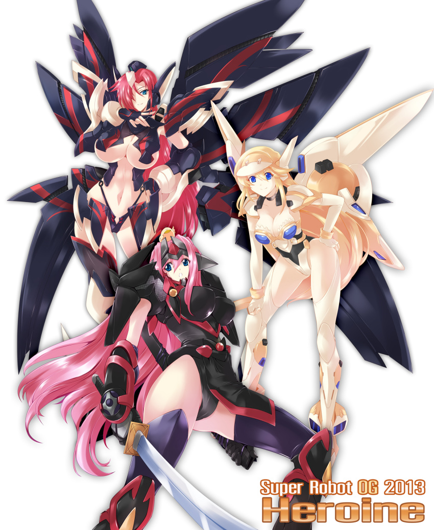 2013 3girls animal_on_head bird blanche_neige_(mecha) blonde_hair blue_eyes breasts cleavage elbow_gloves fingerless_gloves from_below galilnagant gloves grin haganef hair_over_one_eye hand_on_hip highres huge_breasts jinrai katana large_breasts leaning_forward long_hair looking_at_viewer mecha mecha_musume midriff mound_of_venus multiple_girls navel open_mouth pink_hair red_hair redhead sheath simple_background smile super_robot_wars super_robot_wars_destiny sword text the_2nd_super_robot_wars_og thigh-highs thighhighs thighs under_boob underboob very_long_hair weapon white_background white_gloves wristband