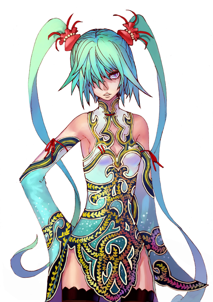 1girl aqua_hair china_dress chinese_clothes detached_sleeves hair_over_one_eye hatsune_miku highres kansou_samehada kansousamehada long_hair project_diva_f solo thighhighs twintails vocaloid white_background world's_end_dancehall_(vocaloid)