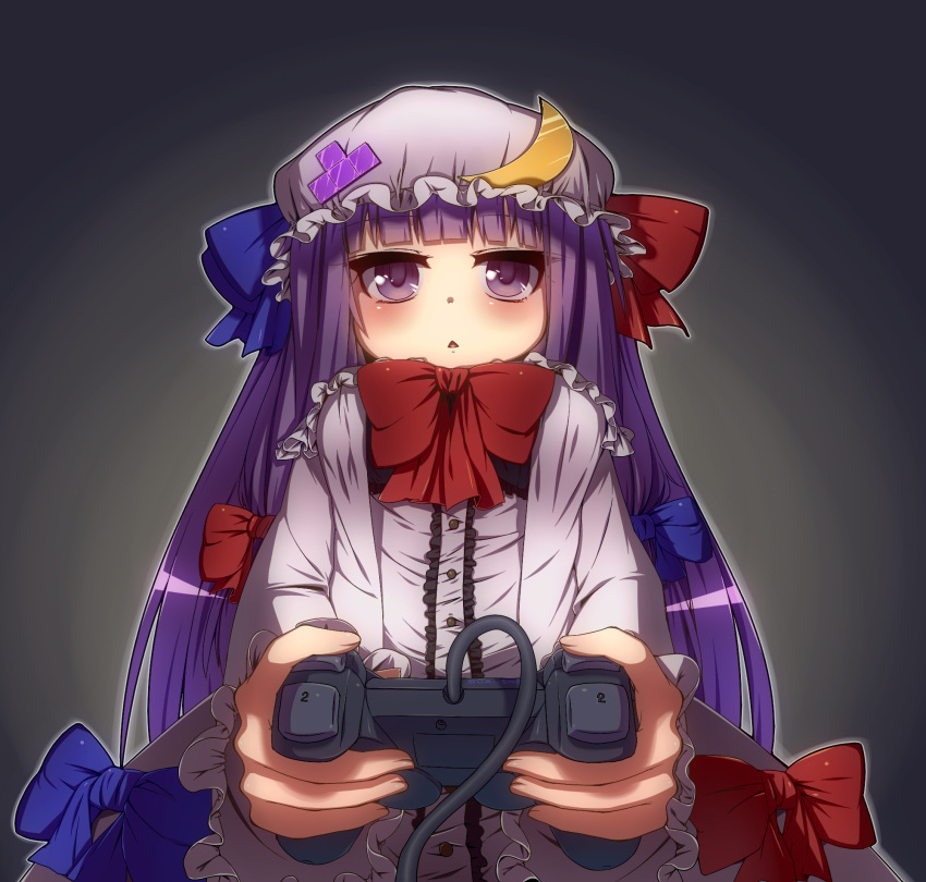 1girl :&lt; blush bow controller crescent dualshock game_controller gamepad hair_bow hat hat_ornament highres long_hair open_mouth patchouli_knowledge playing_games playstation_2 purple_eyes purple_hair rutsubo solo tetris touhou triangle_mouth violet_eyes