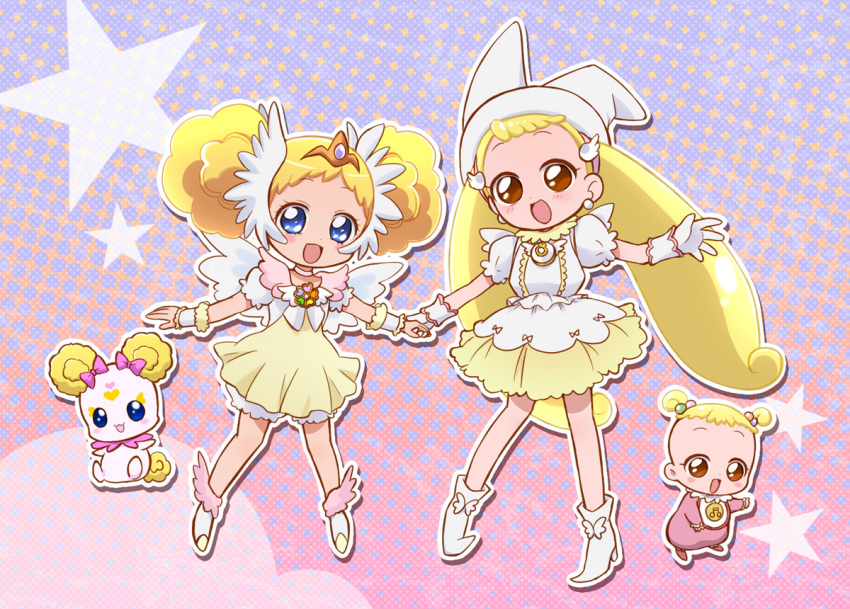 2girls baby blonde_hair blue_eyes brooch brown_eyes candy_(smile_precure!) choker color_connection creature crossover double_bun dual_persona gloves hat head_wings ine jewelry long_hair magical_girl makihatayama_hana multiple_girls ojamajo_doremi ootani_ikue precure royal_candy seiyuu_connection shoes short_hair skirt smile_precure! tiara twintails