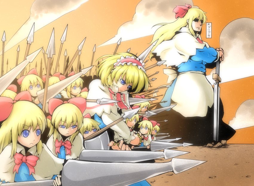 1girl alice_margatroid apron army blonde_hair blue_dress blue_eyes bow capelet cloud clouds don9899 dress goliath_doll hair_bow headband jewelry lance long_sleeves manly orange_sky planted_sword planted_weapon polearm ribbon ring shanghai_doll shield short_hair solo spear sword touhou weapon