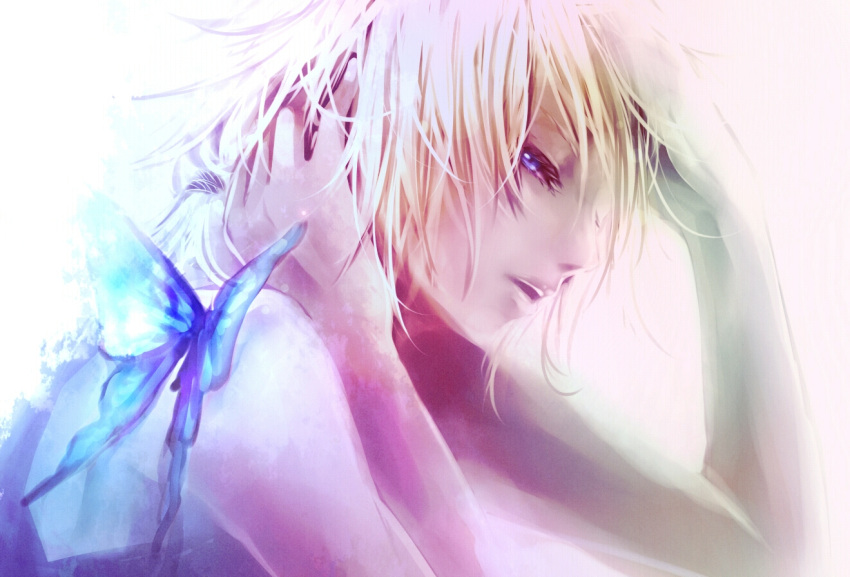 blonde_hair butterfly close_up dlei hand_on_head kagamine_len migikata_no_chou_(vocaloid) open_mouth profile vocaloid