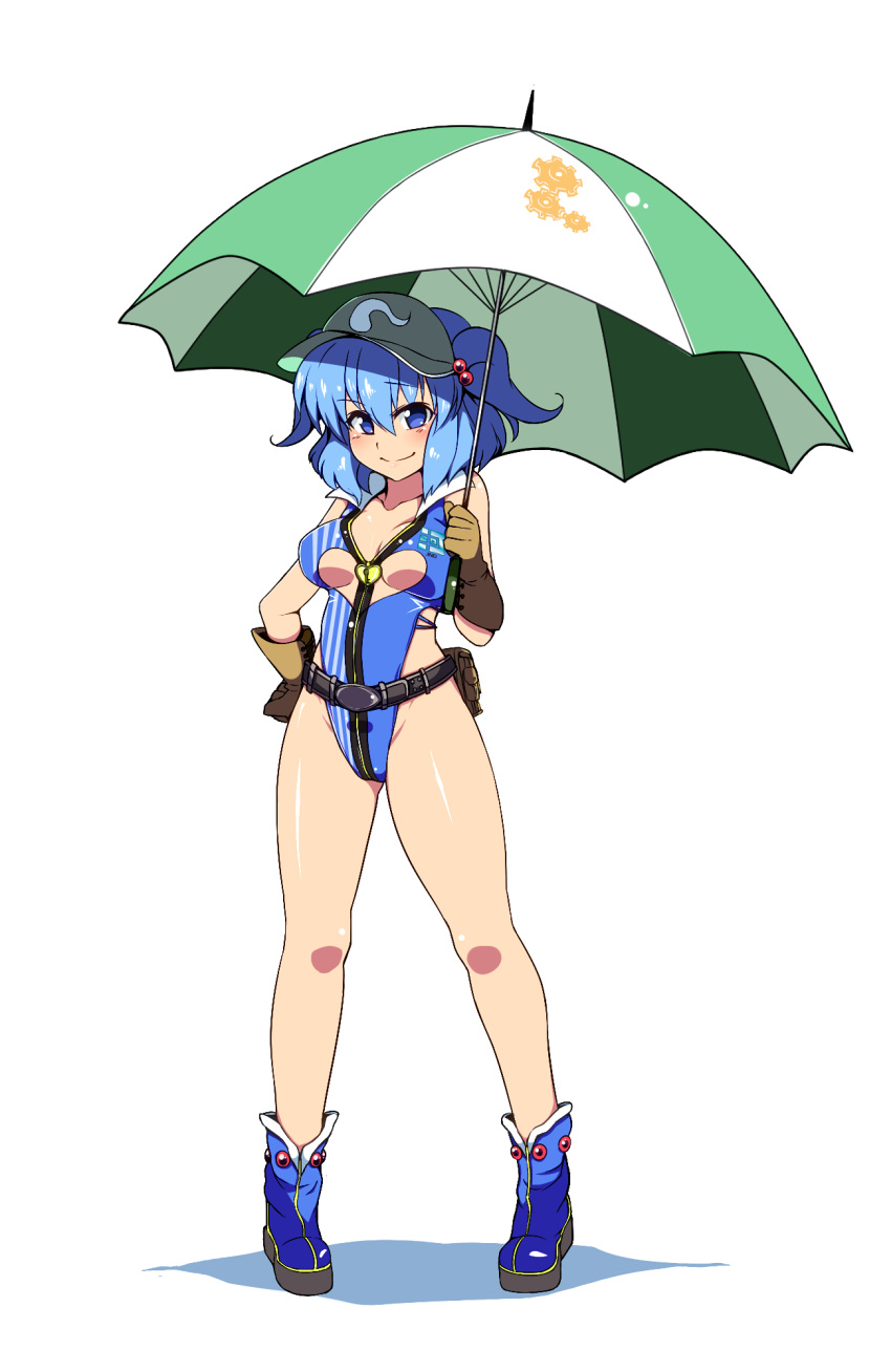 1girl alternate_costume belt blue_eyes blue_hair boots breasts cleavage_cutout gloves hair_bobbles hair_ornament hand_on_hip highres kawashiro_nitori large_breasts looking_at_viewer meicha_(drill-biyori) one-piece_swimsuit pouch race_queen racequeen short_hair simple_background smile solo swimsuit touhou twintails umbrella visor_cap white_background