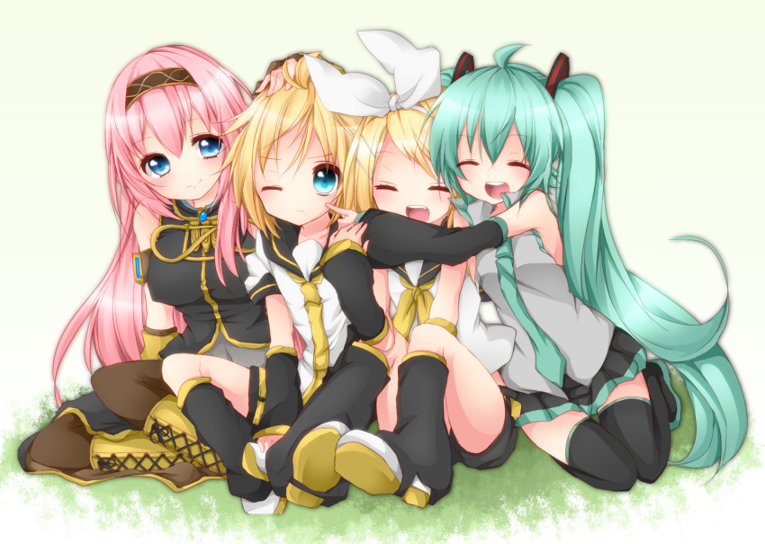 aqua_eyes blonde_hair blue_eyes boots cheek_poke closed_eyes colored cross-laced_footwear green_eyes green_hair hair_ribbon hatsune_miku highres hug inaresi kagamine_len kagamine_rin lace-up_boots megurine_luka necktie open_mouth pink_hair poking ribbon shunkashuutou sitting skirt smile thigh-highs thigh_boots thighhighs twintails vocaloid wink