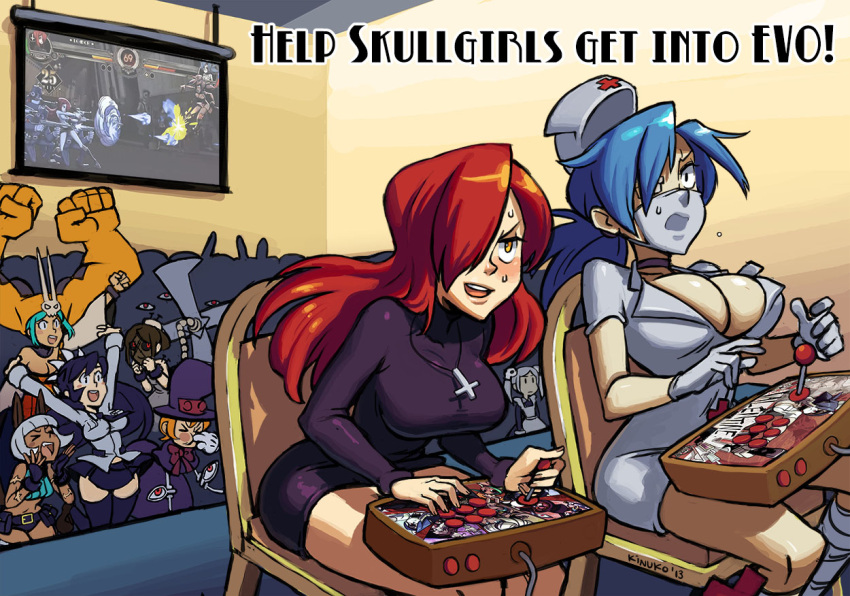 &gt;_&lt; 6+girls arcade_stick black_legwear bloody_marie_(skullgirls) blue_hair breasts bursting_breasts cerebella_(skullgirls) choker cleavage cross cross_necklace crowd dark_skin english eyepatch filia_(skullgirls) gloves green_hair hair_over_one_eye hat impossible_clothes impossible_sweater kinuko_(fever_chill) large_breasts legs mask miniskirt multiple_girls nadia_fortune no_bra nurse nurse_cap orange_hair painwheel_(skullgirls) parasoul_(skullgirls) peacock_(skullgirls) playing_games red_hair redhead samson_(skullgirls) scar school_uniform skirt skullgirls sweat sweater thigh-highs thighhighs thighs top_hat valentine_(skullgirls) vice-versa_(skullgirls) whistling yellow_eyes