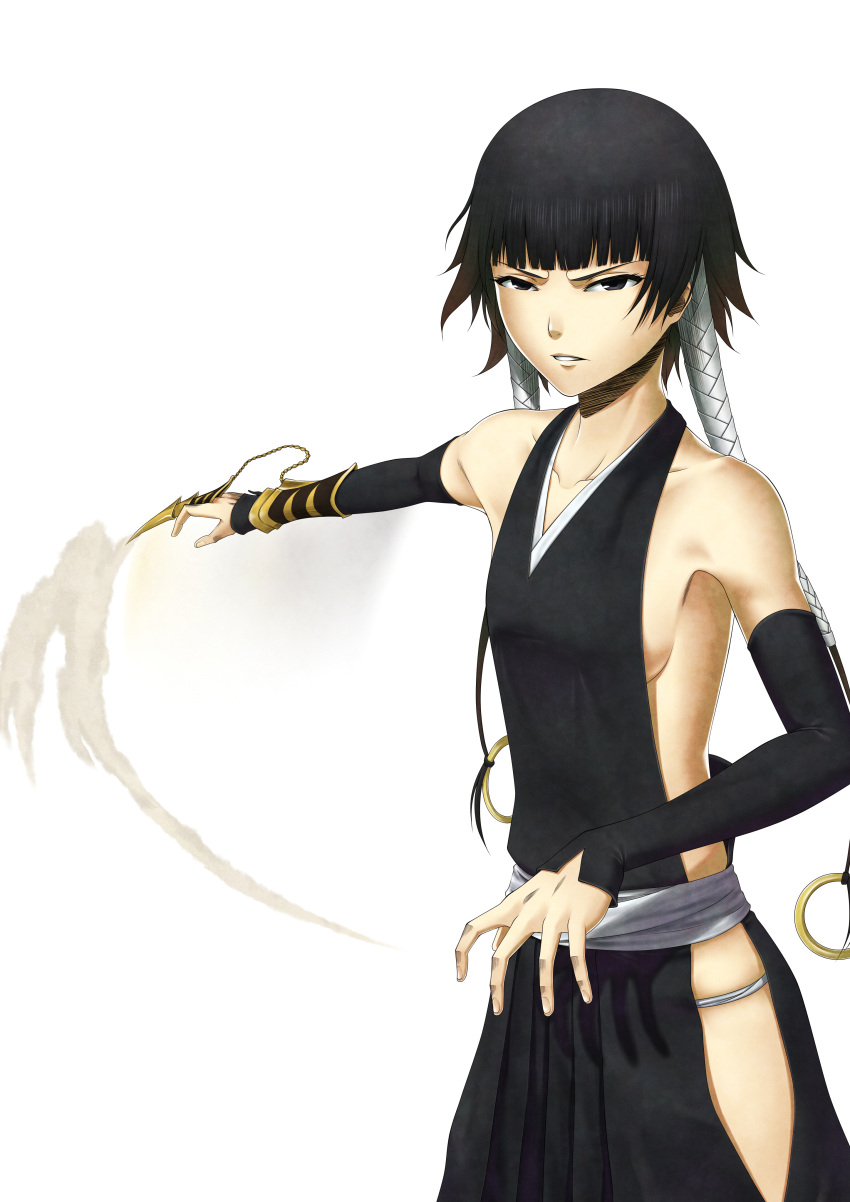 1girl absurdres bangs bare_shoulders black_hair bleach braid breasts cropped_legs detached_sleeves feet_out_of_frame female highres hirotaka long_hair looking_at_viewer parted_lips sash shikai side_slit sideboob simple_background sleeveless small_breasts solo standing sui-feng twin_braids weapon white_background