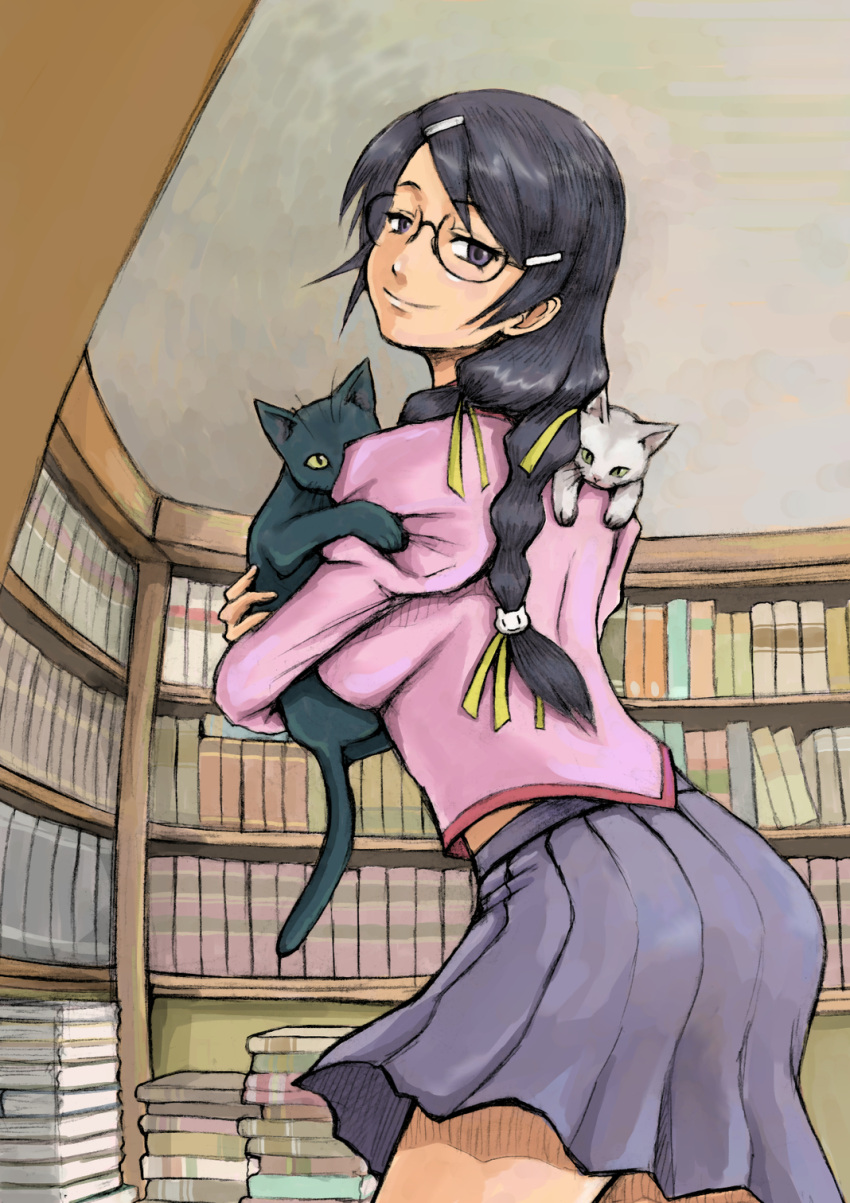 1girl bakemonogatari black_hair braid cat glasses hanekawa_tsubasa highres long_hair mimiyamakiichi monogatari_(series) nekomonogatari purple_eyes school_uniform solo twin_braids violet_eyes