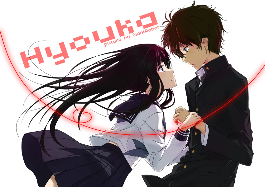 1boy 1girl black_hair chitanda_eru d_midiror eye_contact gakuran green_eyes highres hyouka long_hair looking_at_another oreki_houtarou purple_eyes school_uniform serafuku short_hair violet_eyes