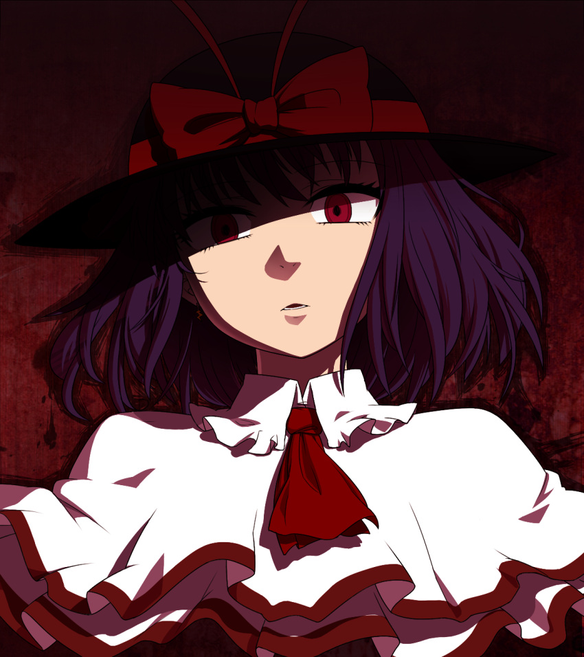 1girl bow bust capelet dark face hat hat_bow highres looking_at_viewer nagae_iku neckerchief purple_hair red red_background red_eyes solo touhou ume_(noraneko)
