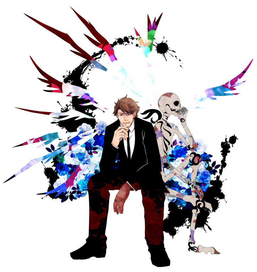 1boy abstract brown_hair flower formal hand_on_chin masaoka_tomomi mechanical_arm necktie psychedelic psycho-pass rose short_hair simple_background skeleton solo splotch suit torimura