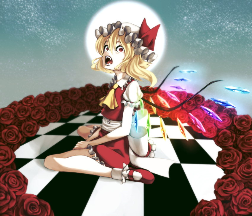 1girl arm_garter ascot blonde_hair bobby_socks checkered checkered_floor crystal fangs flandre_scarlet flower full_moon hat hat_ribbon highres mary_janes moon nappooz open_mouth puffy_short_sleeves puffy_sleeves red_eyes red_rose red_shoes red_skirt ribbon rose shoes short_hair short_sleeves sitting skirt skirt_set socks solo stare touhou vampire wariza white_legwear wings