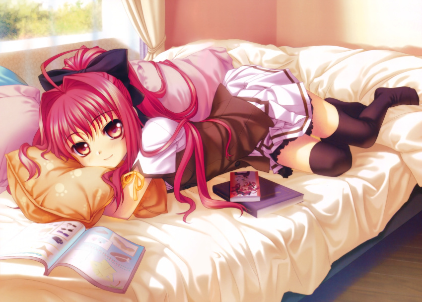 absurdres bed black_legwear book corticarte_apa_lagranges fixed highres kannatsuki_noboru magazine pillow pillow_hug pink_eyes pink_hair scan school_uniform seifuku shinkyoku_soukai_polyphonica solo thigh-highs thighhighs