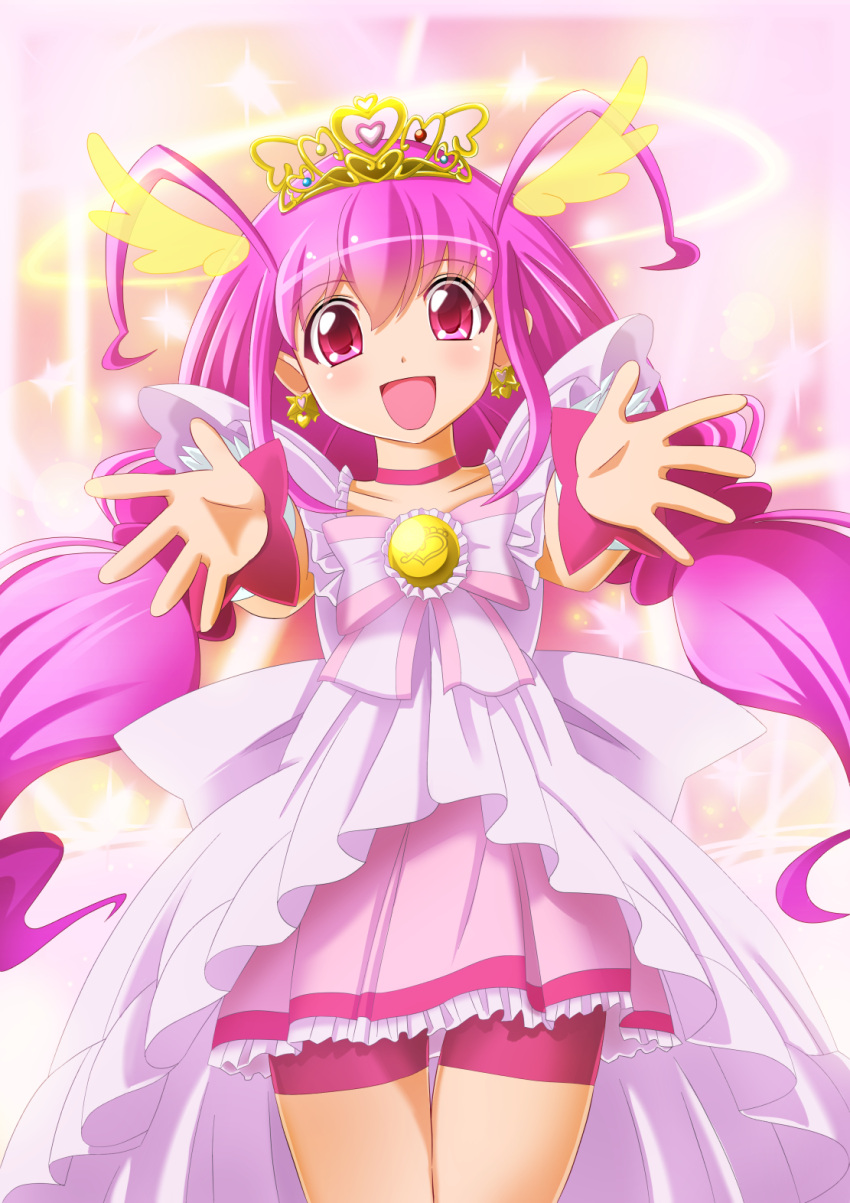 1girl :d bike_shorts blush bow choker cure_happy dress halo head_wings highres hoshizora_miyuki long_hair magical_girl open_mouth outstretched_hand pink_eyes pink_hair precure princess_form_(smile_precure!) shin'en_(gyokuro_company) shin'en_(gyokuro_company) shorts_under_skirt skirt smile smile_precure! solo tiara twintails