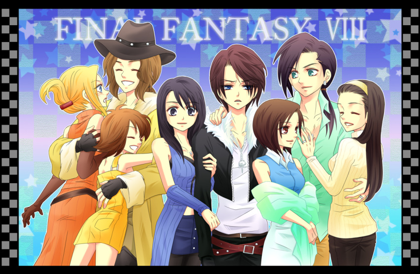 11118888s 3boys 5girls :d ^_^ aqua_eyes arm_hug arm_warmers black_hair blonde_hair blue_eyes brown_hair closed_eyes collarbone cowboy_hat ellone eyes_closed father_and_daughter father_and_son final_fantasy final_fantasy_viii fingerless_gloves flipped_hair fur_trim gloves griever hat height_difference hug husband_and_wife irvine_kinneas jacket jewelry laguna_loire long_hair looking_at_viewer mother_and_daughter mother_and_son multiple_boys multiple_girls necklace open_mouth parted_lips quistis_trepe raine_loire ring rinoa_heartilly selphie_tilmitt short_hair smile spoilers squall_leonhart title_drop