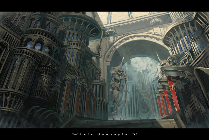 armor banner city fortress hallway letterboxed pixiv_fantasia pixiv_fantasia_5 reflection rounin_(amuza) scenery stairs statue