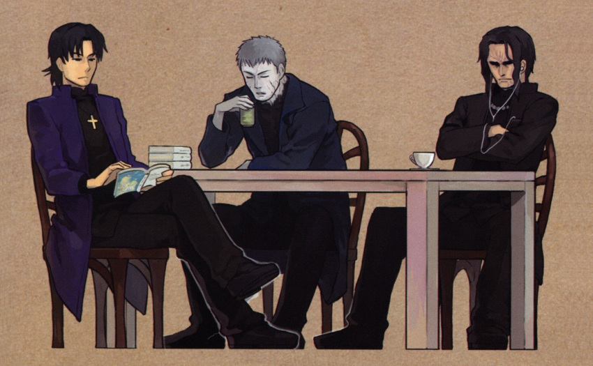 3boys araya_souren b-suke black_hair chair character_request closed_eyes company_connection cover cover_page cross cross_necklace crossed_arms crossed_legs cup earbuds earphones eyes_closed fate/stay_night fate/zero fate_(series) green_tea grey_hair kara_no_kyoukai kotomine_kirei legs_crossed multiple_boys nakata_jouji nrvnqsr_chaos pale_skin priest reading seiyuu_connection sitting table teacup tsukihime type-moon