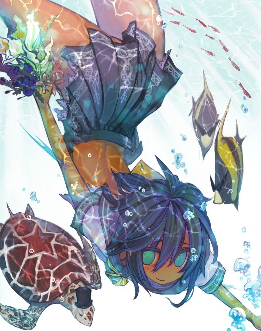 fish hat highres original school_uniform skirt smile solo swimming top_hat turtle ukai_saki underwater water