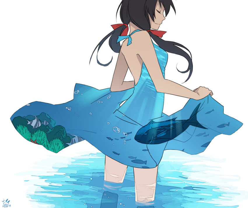 back bare_shoulders black_hair closed_eyes dress fish hair_ribbon hanabi_(artist) highres long_hair ribbon seychelles_(hetalia) smile solo twintails water wet