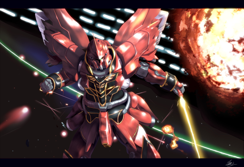 energy_beam energy_sword explosion gundam gundam_unicorn mecha r_shotaro signature sinanju solo space sword weapon