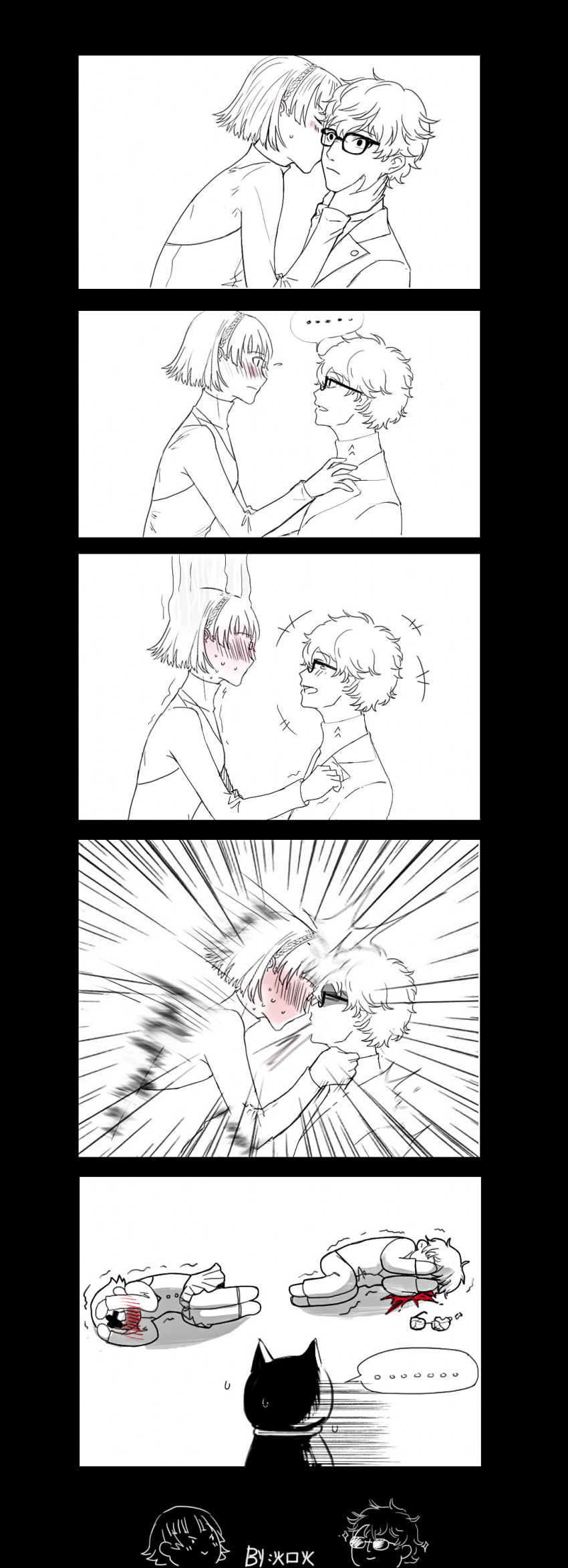+++ ... 1boy 1girl 5koma absurdres amamiya_ren blood blush cat cheek_kiss closed_mouth comic couple covering_face emphasis_lines full-face_blush greyscale happy headbutt highres houhou_(pixiv4771938) jacket kiss laughing long_sleeves lying monochrome morgana_(persona_5) niijima_makoto on_side open_mouth persona persona_5 smile spoken_ellipsis spot_color sweat sweating_profusely trembling turtleneck