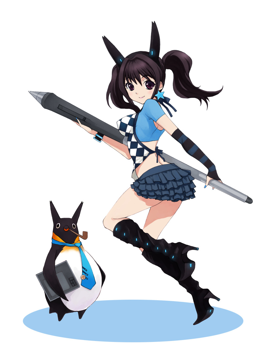 black_eyes black_hair boots crop_top gloves high_heels highres midriff necktie oekaki_musume original pen penguin penguin_caee pipe pleated_skirt shoes short_twintails simple_background skirt smoke_pipe solo striped striped_gloves stylus twintails wacom