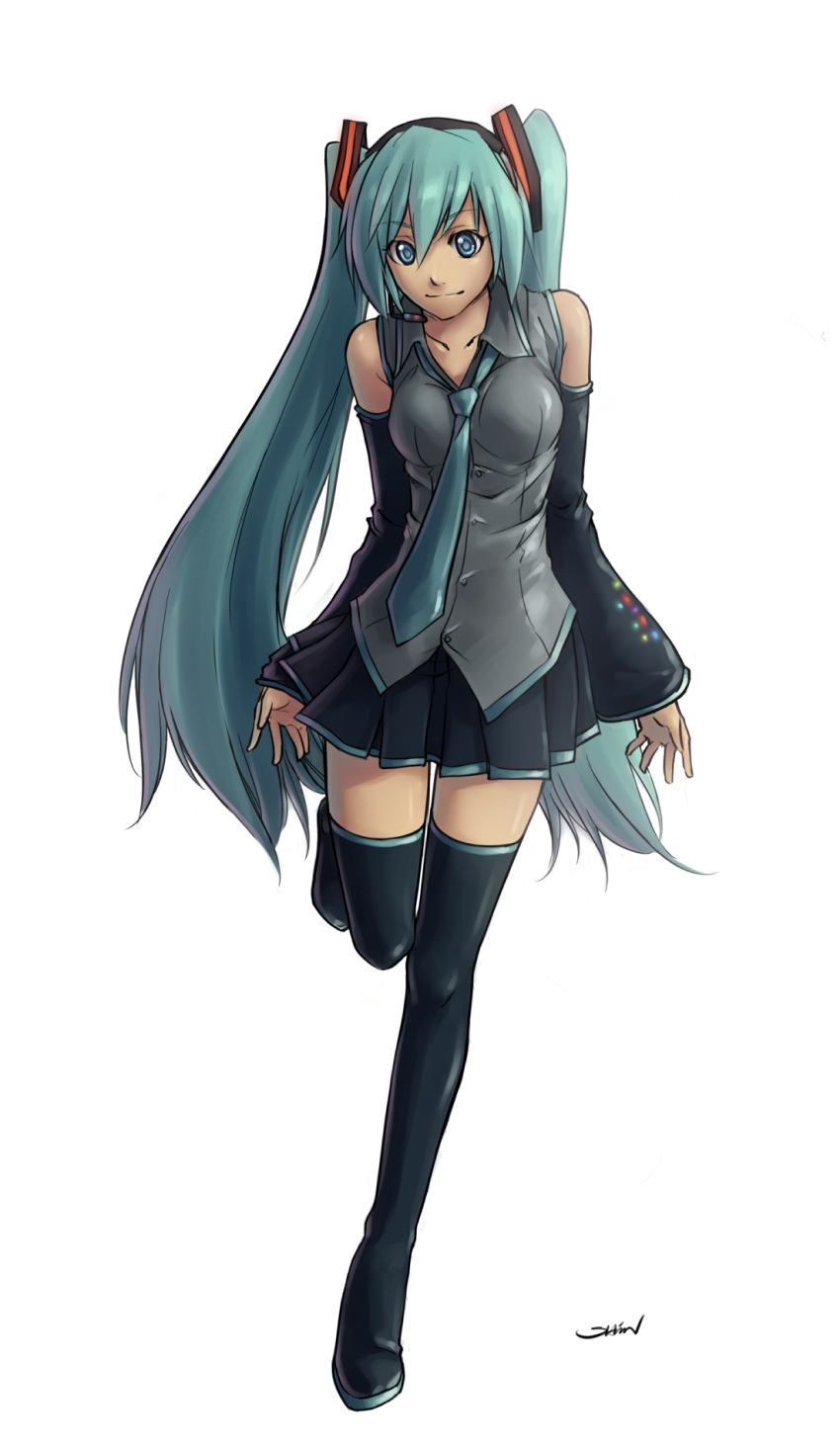 aqua_eyes aqua_hair detached_sleeves full_body hands hatsune_miku headset highres legs long_hair necktie shin_(pixiv410606) simple_background skirt smile solo thigh-highs thighhighs twintails very_long_hair vocaloid zettai_ryouiki