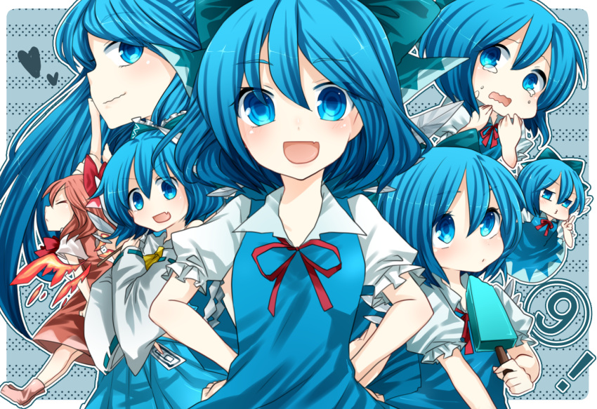 &#9320; &gt;:) ? achi_cirno alternate_color alternate_element alternate_hair_color alternate_hair_length alternate_hairstyle amaya_enaka blue_dress blue_eyes blue_hair chibi cirno cosplay detached_sleeves dress fang fiery_wings finger_to_mouth hakurei_reimu hakurei_reimu_(cosplay) hands_on_hips heart long_hair multiple_persona neck_ribbon o3o ofuda open_mouth pointing popsicle ribbon skirt smile tears tentani touhou wavy_mouth wings