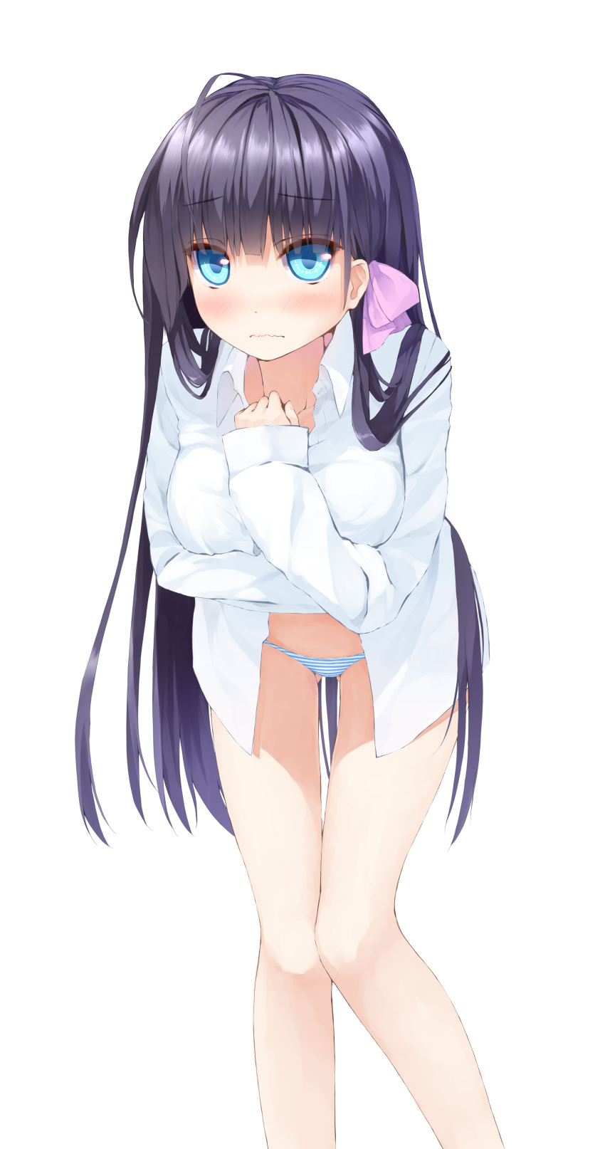 1girl absurdres ahoge black_hair blue_eyes blush breast_hold highres leaning_forward long_hair nearly_naked_shirt panties sleeves_past_wrists solo striped striped_panties underwear uttt very_long_hair wavy_mouth