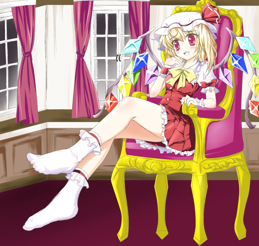 blush chair chin_rest fang feet flandre_scarlet hat highres legs red_eyes short_hair side_ponytail sitting smile socks solo toni_(artist) touhou wings wrist_cuffs