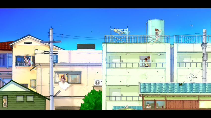 air_conditioner bad_id blonde_hair brown_hair building city cityscape highres leaf leaves orange_hair power_lines qrp scenery sky smile tree wind window