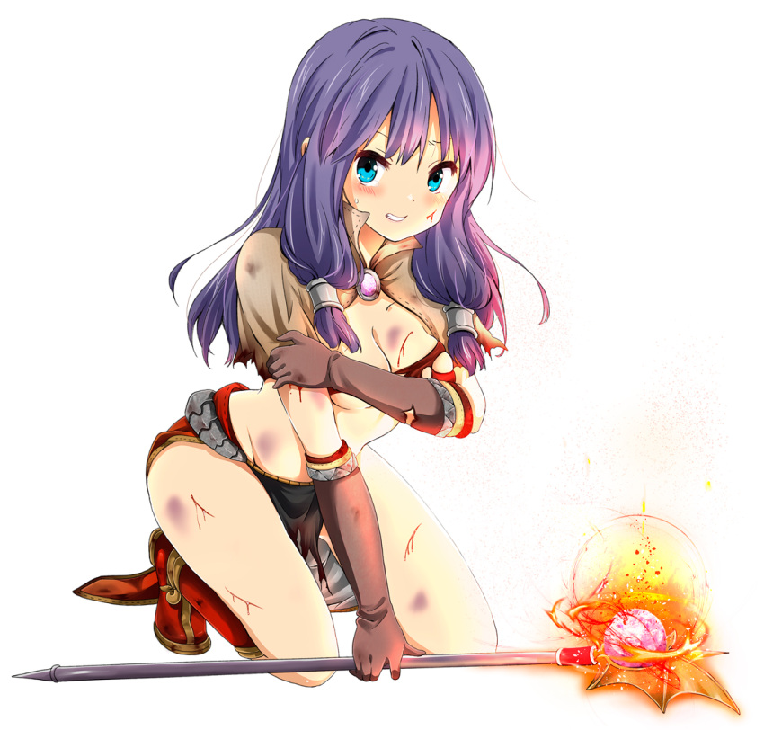 1girl aqua_eyes blood blush boots breasts bruise character_request cleavage cuts gloves injury kneeling long_hair looking_at_viewer mage_(ragnarok_online) midriff mound_of_venus parted_lips purple_hair ragho_no_erika ragnarok_online simple_background solo staff sweatdrop tears torn_clothes under_boob underboob white_background