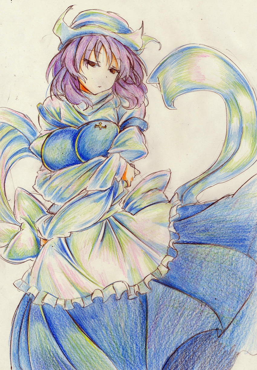 1girl absurdres apron armband breast_lift breasts colored_pencil_(medium) crossed_arms graphite_(medium) hat high_collar highres kitazinger letty_whiterock long_sleeves looking_at_viewer pin purple_hair red_eyes short_hair simple_background skirt solo touhou traditional_media vest waist_apron white_background