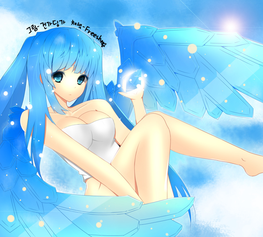 1girl anivia blue_eyes blue_hair breasts cleavage collarbone crop_top crystal highres league_of_legends long_hair misslill personification signature solo wings