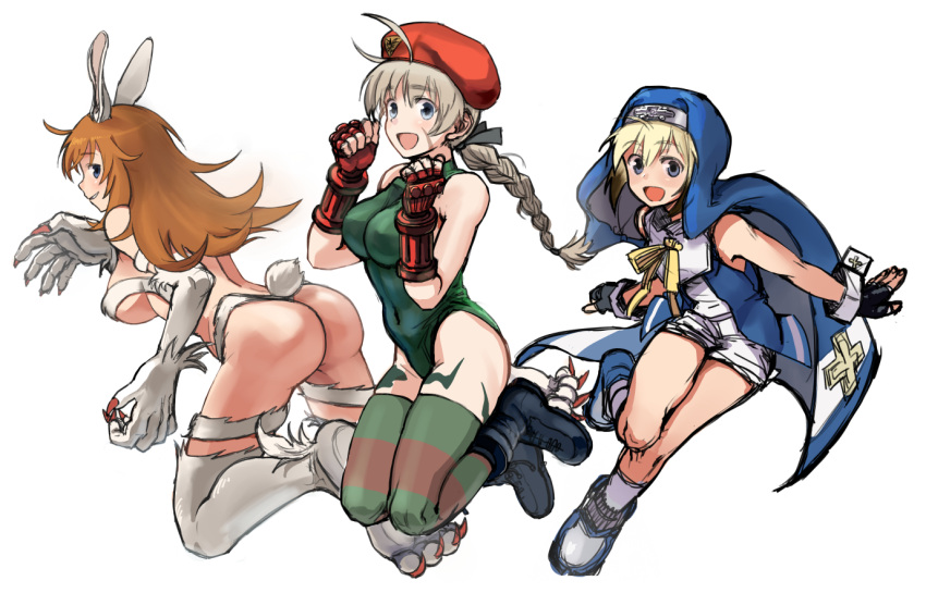 3girls :d animal_ears ass beret black_hair blonde_hair blue_eyes braid breasts bridget_(guilty_gear) bridget_(guilty_gear)_(cosplay) brown_hair bunny_ears bunny_tail cammy_white cammy_white_(cosplay) charlotte_e_yeager clothed_navel cosplay erica_hartmann felicia felicia_(cosplay) fingerless_gloves from_behind fur gloves grin guilty_gear habit hat kirusu large_breasts leotard long_hair looking_back lynette_bishop multicolored_hair multiple_girls nun open_mouth orange_hair paws rabbit_ears ribbon short_hair shorts single_braid smile street_fighter strike_witches striped striped_legwear tail tattoo thighhighs two-tone_hair vampire_(game) wrist_cuffs