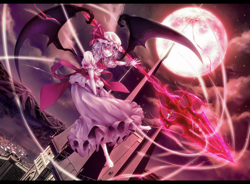 ascot barefoot bat_wings brooch cloud clouds flying full_moon glowing glowing_eyes glowing_weapon hat hat_ribbon highres izayoi-saki jewelry letterboxed moon mountain night outstretched_arm outstretched_hand pink_eyes puffy_sleeves purple_hair red_moon remilia_scarlet ribbon sash scarlet_devil_mansion shirt short_sleeves skirt skirt_set sky slit_pupils solo spear_the_gungnir star_(sky) touhou tower town weapon wings wrist_cuffs