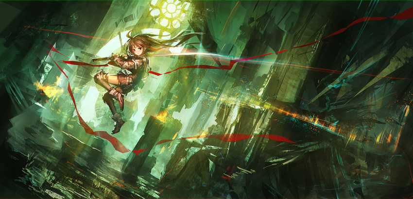 1girl armor brown_hair greaves jumping lm7_(op-center) long_hair looking_at_viewer original red_eyes skirt solo sword weapon