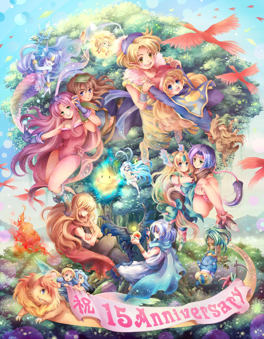 6+boys 6+girls :d angela anniversary annotated armor banner bare_shoulders barefoot beard bird blonde_hair blue_eyes blue_hair blush boots bracelet bridal_gauntlets brown_eyes brown_hair cape carrying charlotte_(seiken_densetsu_3) closed_eyes deathjester dress dryad_(seiken_densetsu) duran eagle_(seiken_densetsu_3) eyes_closed facial_hair faerie_(seiken_densetsu_3) fairy fairy_wings fang flammie giant_tree gloves gnome_(seiken_densetsu) green_eyes green_hair halo hand_holding hat hawkeye head_fins headband heath_(seiken_densetsu_3) helmet highres holding_hands interlocked_fingers jessica_(seiken_densetsu_3) jewelry jinn_(seiken_densetsu) kevin koren_no_madoshi leotard long_hair low-tied_long_hair luna_(seiken_densetsu) mana_tree mermaid milan1000 monster_girl multiple_boys multiple_girls open_mouth pointy_ears polearm princess_carry purple_eyes purple_hair riesz salamander_(seiken_densetsu) scythe seiken_densetsu seiken_densetsu_3 shade_(seiken_densetsu) shoulder_pads smile tabard tree trident undine_(seiken_densetsu) very_long_hair violet_eyes weapon will-o'-wisp_(seiken_densetsu) will-o'-wisp_(seiken_densetsu) winged_helmet wings