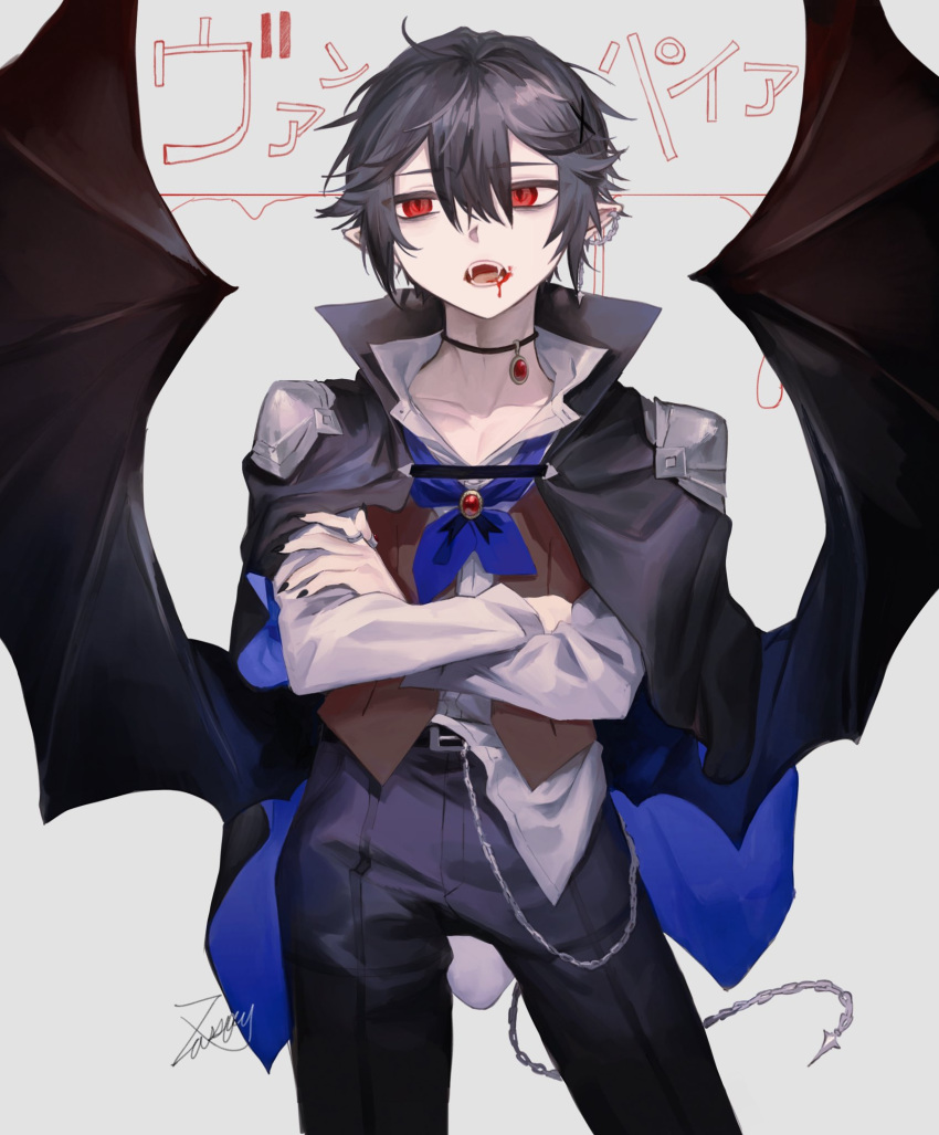 1boy bangs black_cape black_choker black_hair black_wings blood blood_from_mouth blue_cape cape chain choker crossed_arms demon_wings grey_background high_collar highres jewelry long_sleeves looking_to_the_side low_wings male_focus open_mouth original pointy_ears red_eyes shirt signature simple_background solo vampire vest wings zaso