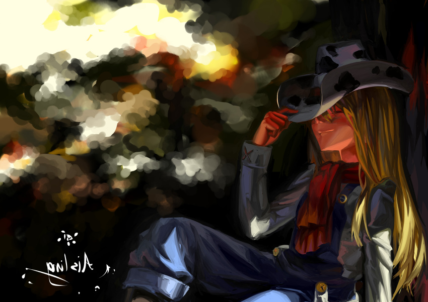absurdres aisling blonde_hair closed_eyes cow_print cowboy_hat eyes_closed harvest_moon:_a_new_beginning hat hat_tip highres light_smile long_hair neckerchief overalls rio_(harvest_moon) sitting solo tree