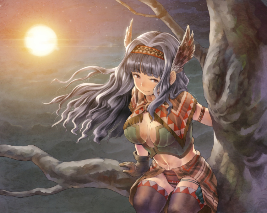 1girl branch breasts chiaki_rakutarou cleavage feathers gloves hairband head_wings highres idolmaster large_breasts long_hair moon night night_sky red_eyes shijou_takane silver_hair sitting sky smile solo thighs toned tree wings