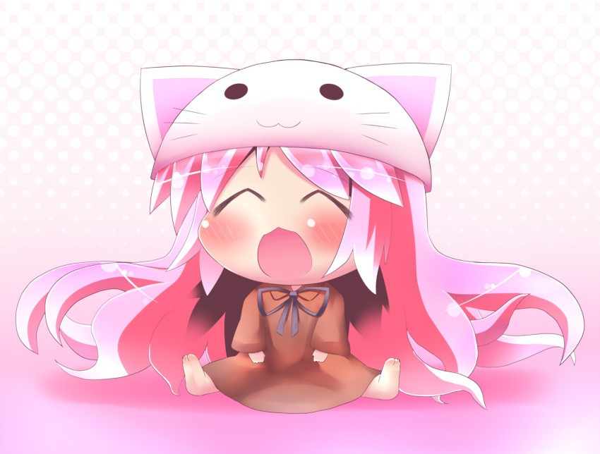 1b 1girl animal_hat bad_id barefoot cat_hat chibi closed_eyes dress eyes_closed hat highres long_hair megurine_luka megurine_luka_(toeto) no_nose open_mouth pink_hair ribbon sitting solo toeto_(vocaloid) vocaloid