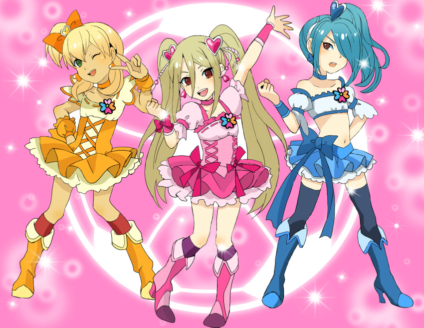 3boys afuro_terumi aphrodi ayuyu_(baby) blonde_hair blue_hair child cosplay crossdressing crossdressinging cure_berry cure_berry_(cosplay) cure_peach cure_peach_(cosplay) cure_pine cure_pine_(cosplay) fresh_precure! fresh_pretty_cure! hair_over_one_eye inazuma_eleven inazuma_eleven_(series) kazemaru_ichirouta long_hair magical_boy midriff miniskirt miyasaka_ryou multiple_boys pigtails ponytail precure pretty_cure ribbon short_twintails shota skirt trap twintails wink