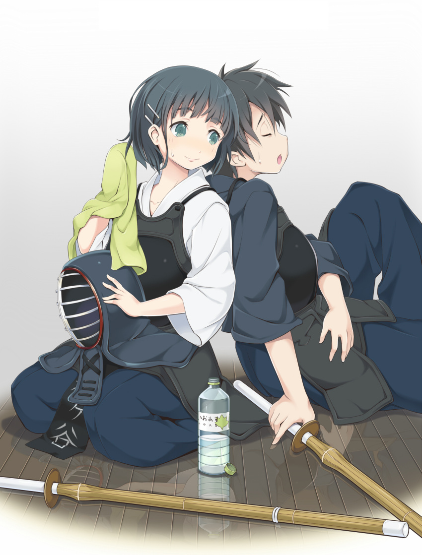 1boy 1girl black_hair blue_eyes bottle bougu closed_eyes furumiya_haiji hair_ornament hairclip hakama headwear_removed highres japanese_clothes kendo kendo_armor kirigaya_suguha kirito reflection shinai short_hair sitting smile sword sword_art_online towel wariza weapon