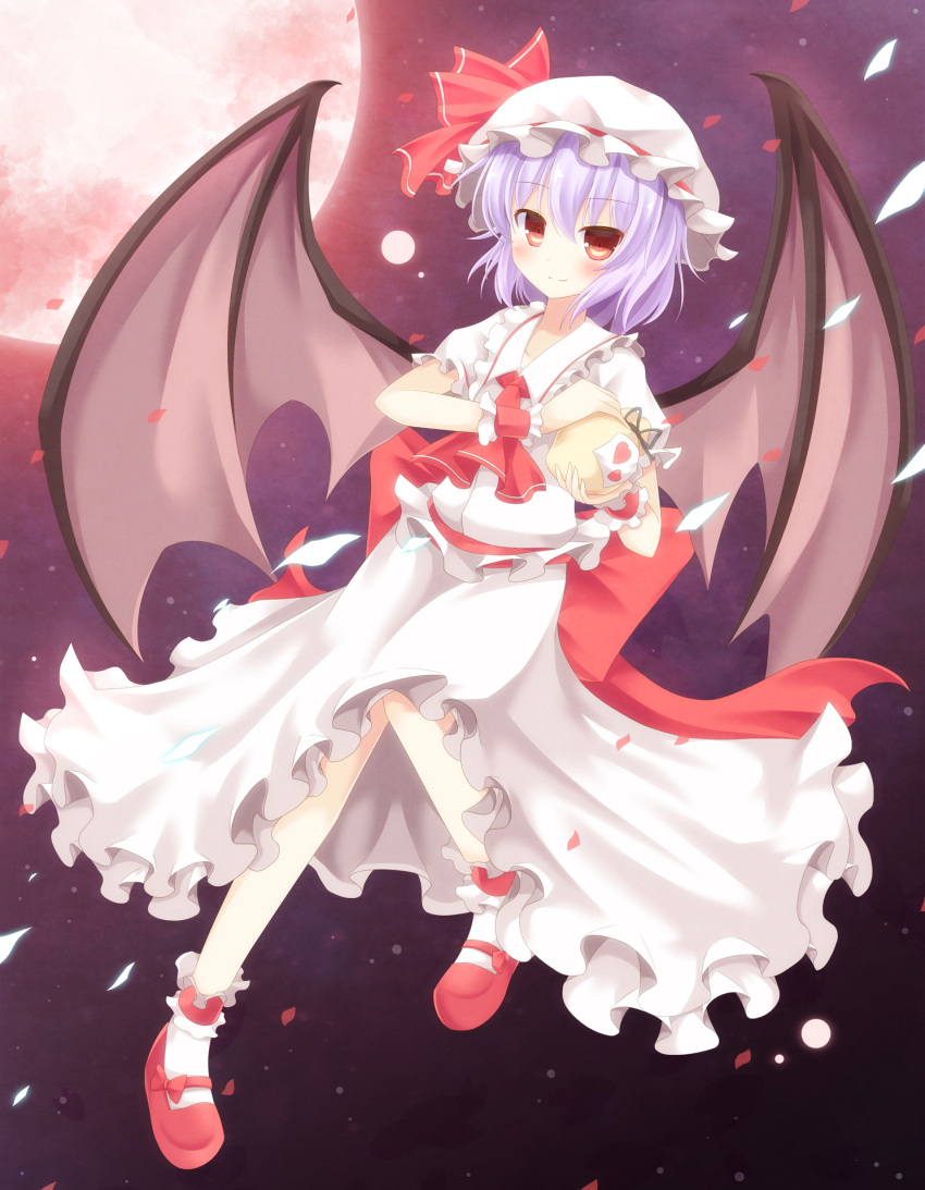 1girl ascot bat_wings blue_hair blush flying full_moon hat hat_ribbon heart highres looking_at_viewer moon night pen-zin petals red_eyes red_moon red_shoes remilia_scarlet ribbon shirt shoes skirt skirt_set smile solo touhou wings wrist_cuffs