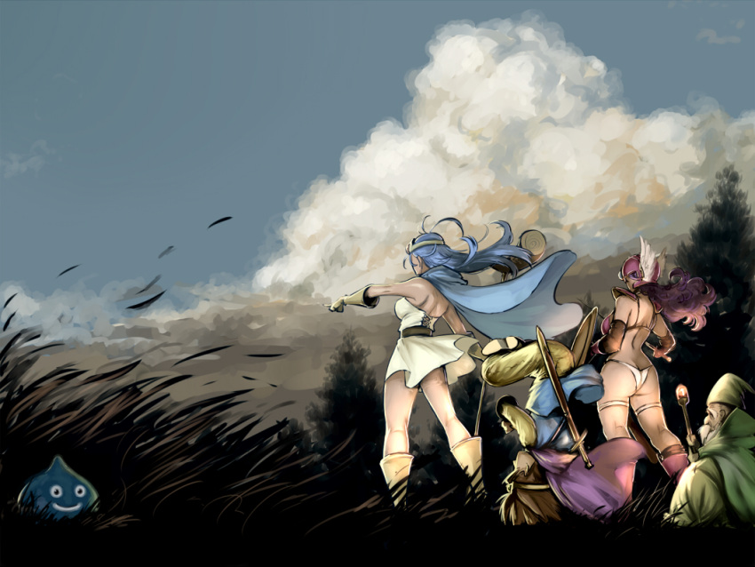 2girls armor ass back bare_shoulders beard bikini_armor blue_hair boots brown_hair cape character_request circlet dragon_quest dragon_quest_iii facial_hair gloves grass hat head_wings headstand helmet mage_(dq3) multiple_boys multiple_girls naav panties roto sage_(dq3) sky slime_(dragon_quest) smoke soldier_(dq3) spaulders staff sword underwear weapon white_panties wind wind_lift